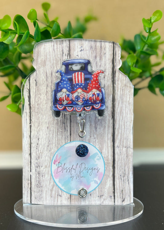 Badge Reel - Blue Truck Patriotic Gnome