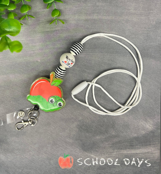 Lanyard - Worm & Apple Lanyard (Green Glitter Background)