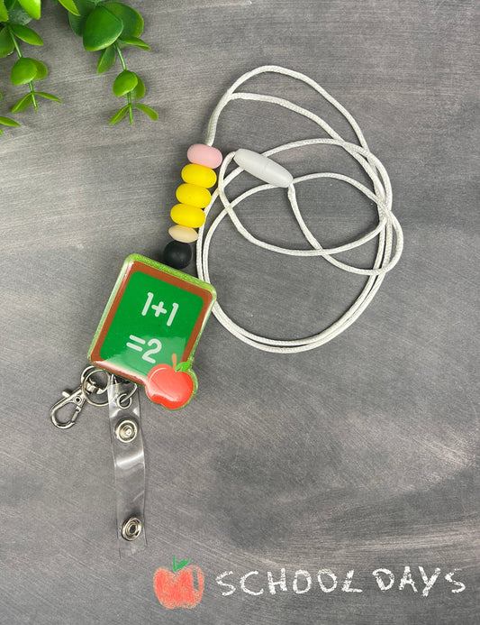 Lanyard - Chalkboard with Pencil Theme Beads - White String (Lime Green Glitter Background)